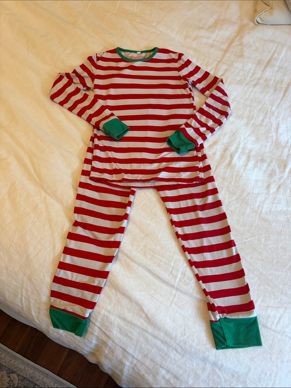 Kids Red & White Striped Pajama Set with Green Trim size 6T